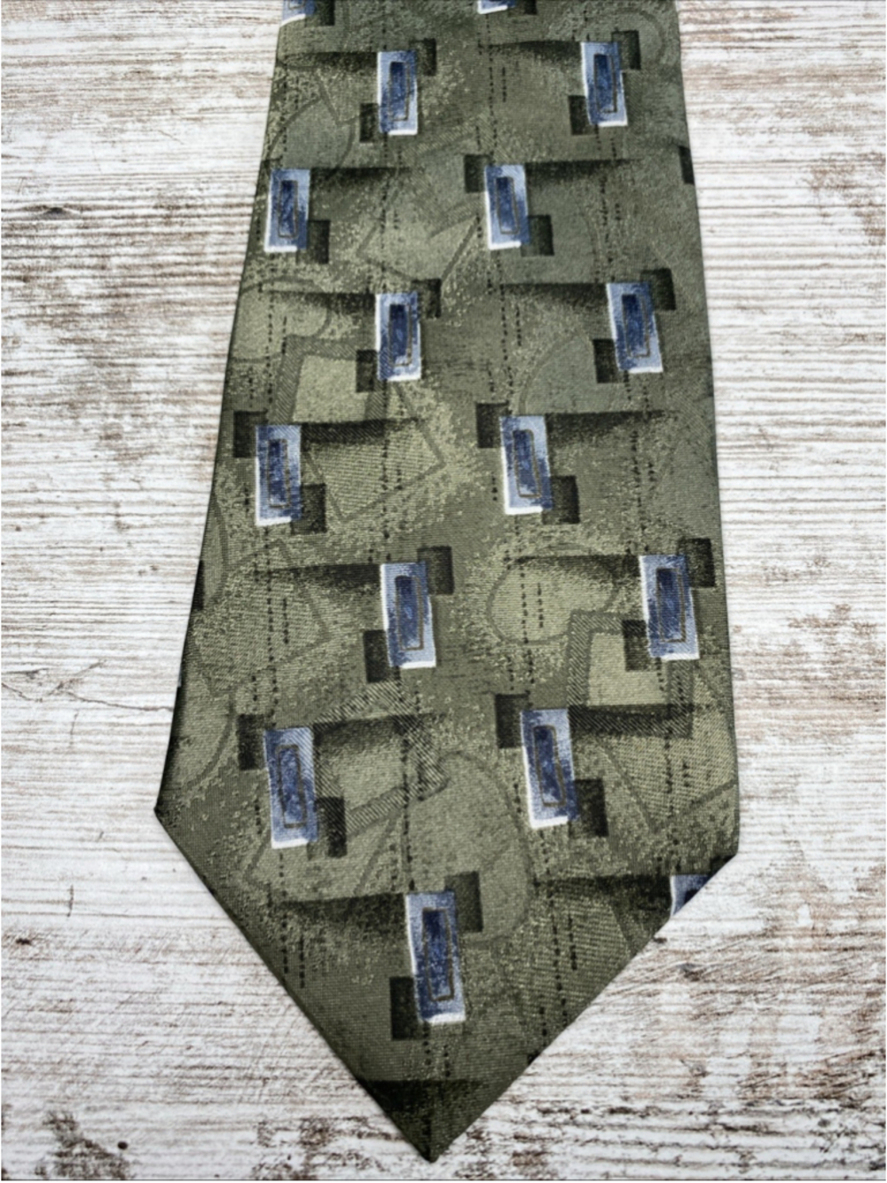 David Taylor Tie Olive Green Geometric Pattern 57x3.75 Classic Mens Necktie